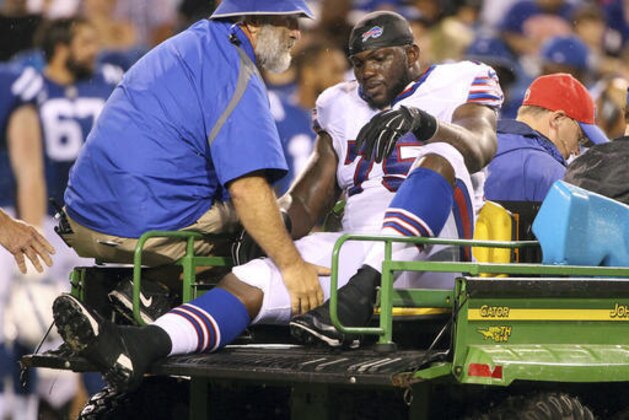 Buffalo Bills defensive end IK Enemkpali rides a cart to the locker room after an injury during the first half of a preseason NFL football game against the Indianapolis Colts Saturday, Aug. 13, 2016, in Orchard Park, N.Y. (AP Photo/Bill Wippert)