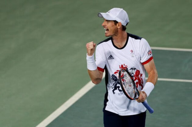 Andy Murray, of Great Britain, screams after winning the first set against Juan Martin del Potro of Argentina in the gold medal match of the men's singles tennis competition at the 2016 Summer Olympics in Rio de Janeiro, Brazil, Sunday, Aug. 14, 2016. (AP Photo/Vadim Ghirda)