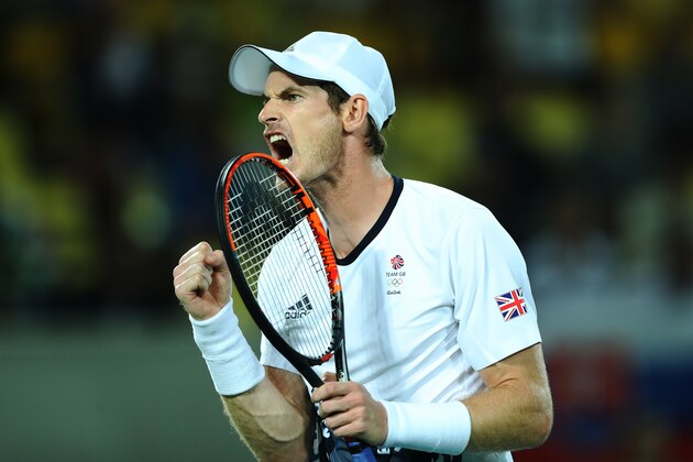 RIO DE JANEIRO, BRAZIL - AUGUST 14:  Andy Murray of Great Britain reacts during his match with Juan Martin del Potro of Argentina in the Men's singles final at Olympic Tennis Centre on August 14, 2016 in Rio de Janeiro, Brazil. (Photo by Ian MacNicol/Getty Images)