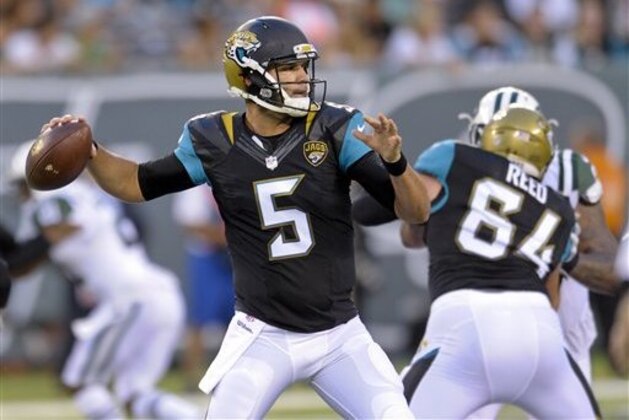 Jacksonville Jaguars quarterback Blake Bortles (5) passes against New York Jets during the first quarter of an NFL football game, Thursday, Aug. 11, 2016, in East Rutherford, N.J. (AP Photo/Bill Kostroun)