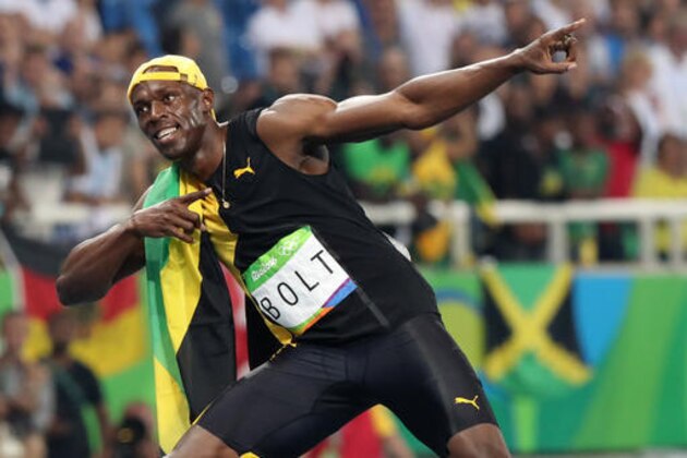 Jamaica's Usain Bolt celebrates after winning gold in the men's 100-meter final during the athletics competitions of the 2016 Summer Olympics at the Olympic stadium in Rio de Janeiro, Brazil, Sunday, Aug. 14, 2016. (AP Photo/Lee Jin-man)