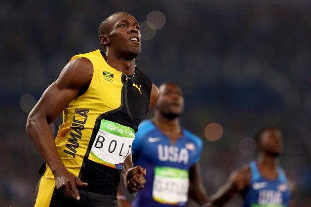 RIO DE JANEIRO, BRAZIL - AUGUST 14:  Usain Bolt of Jamaica wins the Men's 100m Final on Day 9 of the Rio 2016 Olympic Games at the Olympic Stadium on August 14, 2016 in Rio de Janeiro, Brazil.  (Photo by Ian Walton/Getty Images)