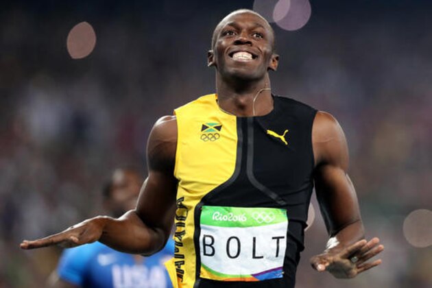 Jamaica's Usain Bolt celebrates as he crosses the line to win gold in the men's 100-meter final during the athletics competitions of the 2016 Summer Olympics at the Olympic stadium in Rio de Janeiro, Brazil, Sunday, Aug. 14, 2016. (AP Photo/Lee Jin-man)