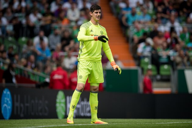 BREMEN, GERMANY - AUGUST 07:  Goalkeeper Thibaut Courtois of Chelsea reacts during the pre-season friendly match between Werder Bremen and FC Chelsea at Weserstadion on August 7, 2016 in Bremen, Germany.  (Photo by Boris Streubel/Getty Images)