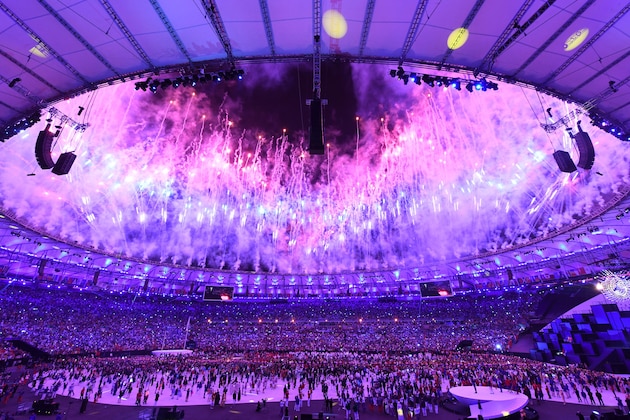 Fireworks light up the sky during the opening ceremony of the Rio 2016 Olympic Games at Maracana Stadium in Rio de Janeiro on August 5, 2016. / AFP / Kirill KUDRYAVTSEV        (Photo credit should read KIRILL KUDRYAVTSEV/AFP/Getty Images)