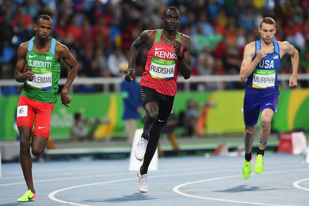 RIO DE JANEIRO, BRAZIL - AUGUST 13:  Ayanleh Souleiman of Djibouti, David Rudisha of Kenya, Clayton Murphy of the United States compete in the Men's 800m Semi Final on Day 8 of the Rio 2016 Olympic Games at the Olympic Stadium on August 13, 2016 in Rio de Janeiro, Brazil.  (Photo by Quinn Rooney/Getty Images)