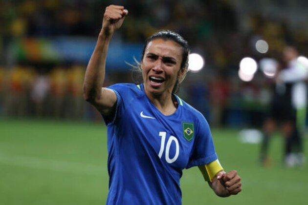 Brazil's Marta celebrates after defeating Australia in a penalty shootout of a quarter-final match of the women's Olympic football tournament between Brazil and Australia at the Mineirao Stadium in Belo Horizonte, Brazil, Saturday, Aug. 13, 2016. (AP Photo/Eugenio Savio)