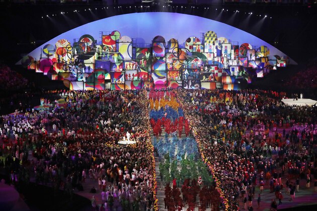 RIO DE JANEIRO, BRAZIL - AUGUST 05:  Athletes and artists are seen during The 2016 Summer Olympics Opening Ceremony at Maracana Stadium on August 5, 2016 in Rio de Janeiro, Brazil. (Photo by Ian MacNicol/Getty Images)