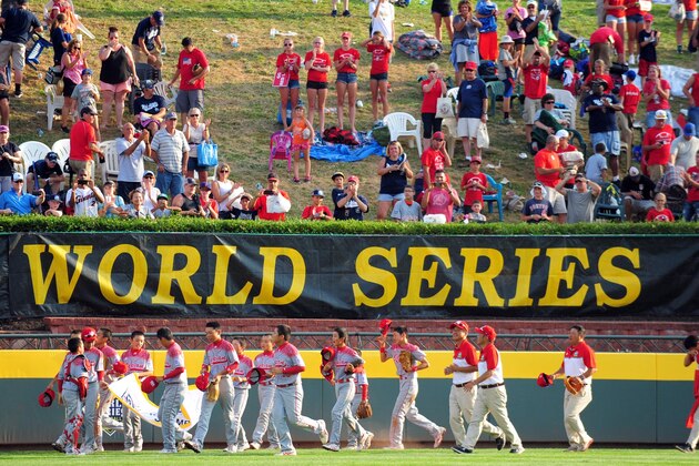 Aug 30, 2015; Williamsport, PA, USA; Japan Region players celebrate after beating the Mid-Atlantic Region 18-11 to win the Little League World Series at Howard J. Lamade Stadium. Mandatory Credit: Evan Habeeb-USA TODAY Sports