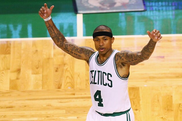 BOSTON, MA - APRIL 24:  Isaiah Thomas #4 of the Boston Celtics celebrates at the end of the fourth quarter of Game Four of the Eastern Conference Quarterfinals against the Atlanta Hawks during the 2016 NBA Playoffs at TD Garden on April 24, 2016 in Boston, Massachusetts. NOTE TO USER User expressly acknowledges and agrees that, by downloading and or using this photograph, user is consenting to the terms and conditions of the Getty Images License Agreement.  (Photo by Maddie Meyer/Getty Images)