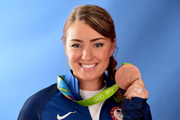 RIO DE JANEIRO, BRAZIL - AUGUST 08:  (BROADCAST - OUT) Trap shooter, Corey Cogdell-Unrein of the United States poses for a photo with her bronze medal on the NBC Today show set at Copacabana Beach on August 8, 2016 in Rio de Janeiro, Brazil.  (Photo by Harry How/Getty Images)