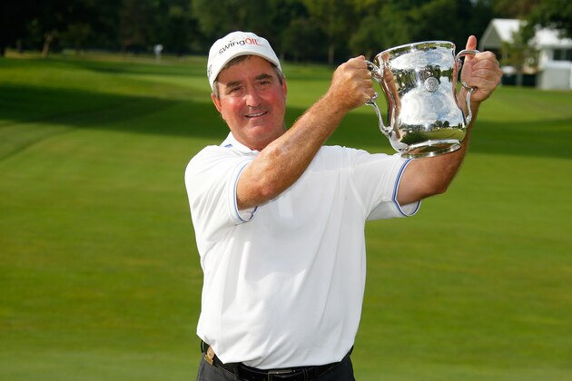 COLUMBUS, OH - AUGUST 15: Gene Sauers poses with the Francis D Ouimet trophy after winning the 2016 US Senior Open at Scioto Country Club on August 15, 2016 in Columbus, Ohio. (Photo by Gregory Shamus/Getty Images)