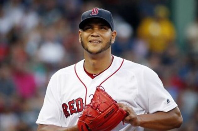 Boston Red Sox's Eduardo Rodriguez walks to the dug out after pitching during the first inning of a baseball game against the New York Yankees in Boston, Thursday, Aug. 11, 2016. (AP Photo/Michael Dwyer)
