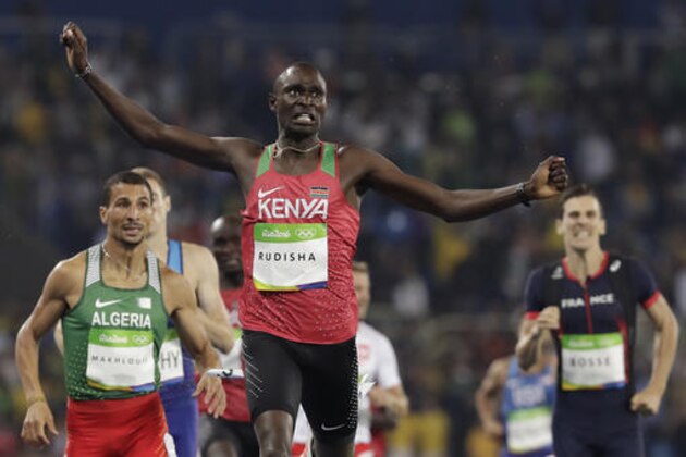 Kenya's David Lekuta Rudisha wins the men's 800-meter final during the athletics competitions of the 2016 Summer Olympics at the Olympic stadium in Rio de Janeiro, Brazil, Monday, Aug. 15, 2016. (AP Photo/David J. Phillip)