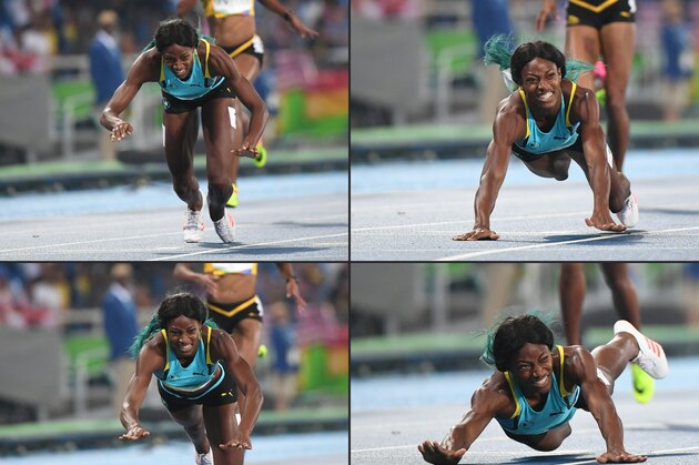(COMBO) This combination of pictures created on August 15, 2016 shows
Bahamas's Shaunae Miller diving to cross the finish line to win the Women's 400m Final during the athletics event at the Rio 2016 Olympic Games at the Olympic Stadium in Rio de Janeiro on August 15, 2016.   / AFP / OLIVIER MORIN        (Photo credit should read OLIVIER MORIN/AFP/Getty Images)