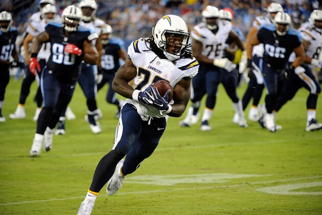 NASHVILLE, TN - AUGUST 13:  Melvin Gordon of the San Diego Chargers rushes for a touchdown against the Tennessee Titans during the first half at Nissan Stadium on August 13, 2016 in Nashville, Tennessee.  (Photo by Frederick Breedon/Getty Images)