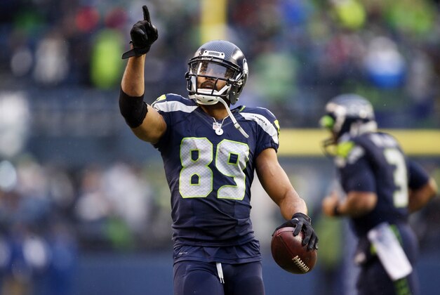 Dec 27, 2015; Seattle, WA, USA; Seattle Seahawks wide receiver Doug Baldwin (89) celebrates his touchdown reception against the St. Louis Rams during the third quarter at CenturyLink Field. Mandatory Credit: Joe Nicholson-USA TODAY Sports