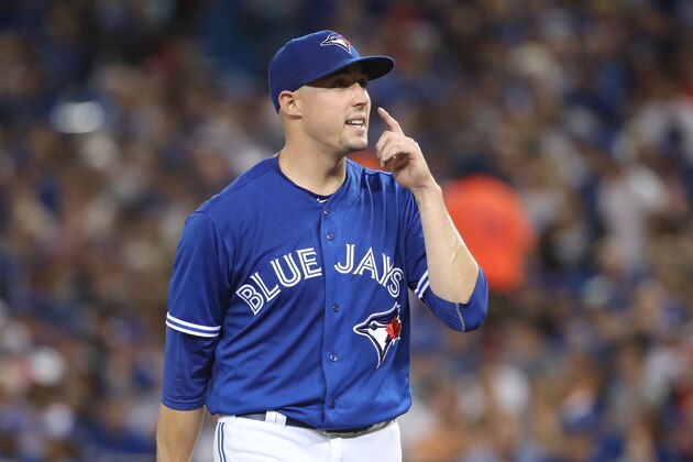 TORONTO, CANADA - JULY 31: Aaron Sanchez #41 of the Toronto Blue Jays walks off the mound at the end of the fifth inning during MLB game action against the Baltimore Orioles on July 31, 2016 at Rogers Centre in Toronto, Ontario, Canada. (Photo by Tom Szczerbowski/Getty Images)