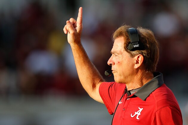 STARKVILLE, MS - NOVEMBER 14:  Head coach Nick Saban of the Alabama Crimson Tide reacts after a touchdown by Calvin Ridley #3 against the Mississippi State Bulldogs at Davis Wade Stadium on November 14, 2015 in Starkville, Mississippi.  (Photo by Kevin C. Cox/Getty Images)