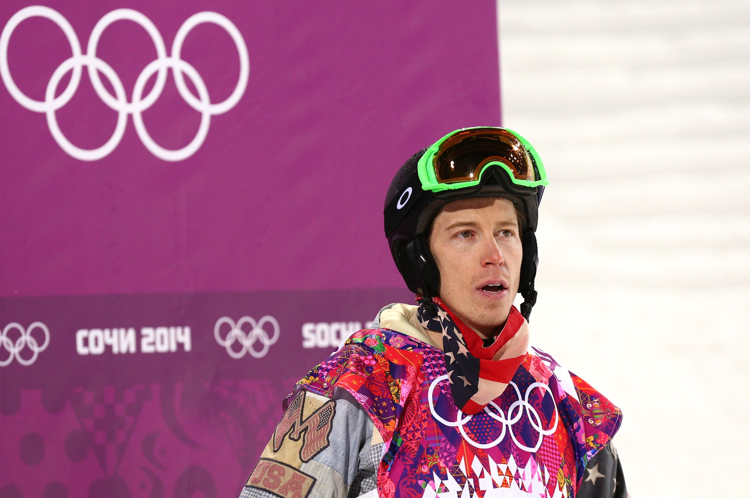SOCHI, RUSSIA - FEBRUARY 11:  Shaun White of the United States reacts after competing in the Snowboard Men's Halfpipe Finals on day four of the Sochi 2014 Winter Olympics at Rosa Khutor Extreme Park on February 11, 2014 in Sochi, Russia.  (Photo by Cameron Spencer/Getty Images)