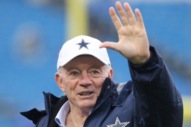ORCHARD PARK, NY - DECEMBER 27: Dallas Cowboys owner Jerry Jones waves to the fans during warm ups prior to the game against the Buffalo Bills at Ralph Wilson Stadium on December 27, 2015 in Orchard Park, New York. (Photo by Jerome Davis/Getty Images)