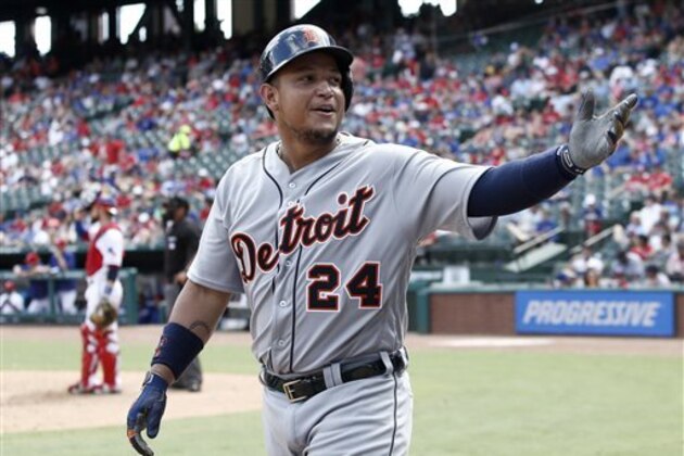 Detroit Tigers' Miguel Cabrera reacts  after hitting a home run against the Texas Rangers in the ninth inning of a baseball game Sunday, Aug. 14, 2016, in Arlington, Texas. Detroit beat Texas 7-0. (AP Photo/Mike Stone)