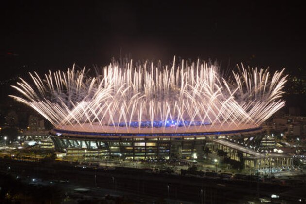 Fireworks explode above the Maracana stadium during the opening ceremony of the Rio's 2016 Summer Olympics in Rio de Janeiro in Rio de Janeiro, Brazil, Friday, Aug. 5, 2016. (AP Photo/Leo Correa)