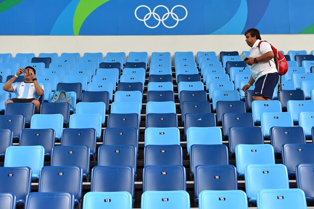 Argentina's fans take their seat prior to a Men's round Group B basketball match between Argentina and Croatia at the Carioca Arena 1 in Rio de Janeiro on August 9, 2016 during the Rio 2016 Olympic Games. / AFP / Andrej ISAKOVIC        (Photo credit should read ANDREJ ISAKOVIC/AFP/Getty Images)