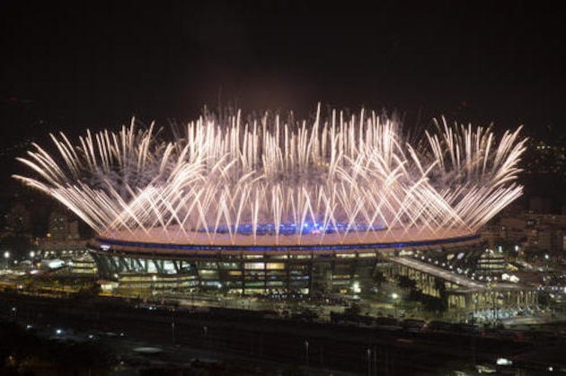 Fireworks explode above the Maracana stadium during the opening ceremony of the Rio's 2016 Summer Olympics in Rio de Janeiro in Rio de Janeiro, Brazil, Friday, Aug. 5, 2016. (AP Photo/Leo Correa)