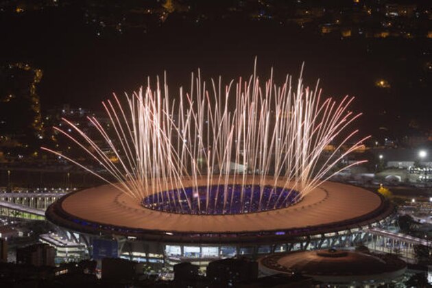 Fireworks explode over Maracana Stadium during the opening ceremony at the 2016 Summer Olympics in Rio de Janeiro, Brazil, Friday, Aug. 5, 2016. (AP Photo/Felipe Dana)