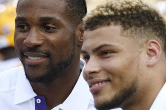 Arizona Cardinals' Patrick Peterson, left, and Arizona Cardinals' Tyrann Mathieu pose for a photograph before an NCAA college football game between LSU and McNeese State in Baton Rouge, La., Saturday, Sept. 5, 2015. (AP Photo/Jonathan Bachman)