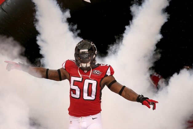 Nov 29, 2015; Atlanta, GA, USA; Atlanta Falcons linebacker O'Brien Schofield (50) is introduced before their game against the Minnesota Vikings at the Georgia Dome. Mandatory Credit: Jason Getz-USA TODAY Sports