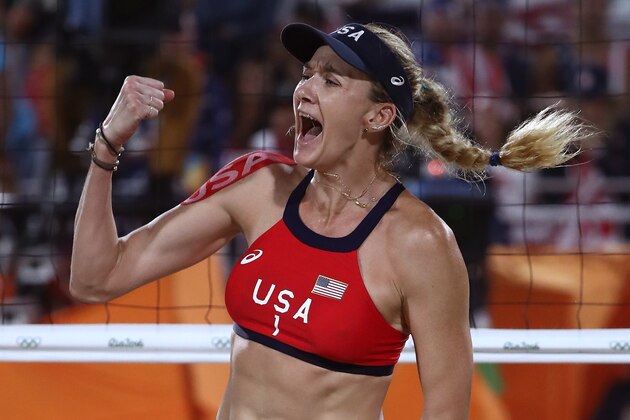 RIO DE JANEIRO, BRAZIL - AUGUST 14: Kerri Walsh Jennings of United States celebrates a point during a Women's Quarterfinal match between the United States and Australia on Day 9 of the Rio 2016 Olympic Games at the Beach Volleyball Arena on August 14, 2016 in Rio de Janeiro, Brazil. (Photo by Sean M. Haffey/Getty Images) RIO DE JANEIRO, BRAZIL - AUGUST 14: Kerri Walsh Jennings of United States celebrates a point during a Women's Quarterfinal match between the United States and Australia on Day 9 of the Rio 2016 Olympic Games at the Beach Volleyball Arena on August 14, 2016 in Rio de Janeiro, Brazil. (Photo by Sean M. Haffey/Getty Images)