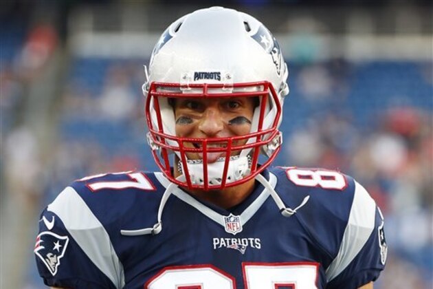 New England Patriots tight end Rob Gronkowski before a preseason NFL football game against the New Orleans Saints Thursday, Aug. 11, 2016, in Foxborough, Mass. (AP Photo/Winslow Townson)