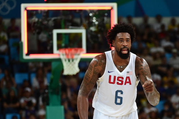 RIO DE JANEIRO, BRAZIL - AUGUST 14:  DeAndre Jordan #6 of United States reacts during a Men's Preliminary Round Group A game between the United States and France on Day 9 of the Rio 2016 Olympic Games at Carioca Arena 1 on August 14, 2016 in Rio de Janeiro, Brazil.  (Photo by Harry How/Getty Images)