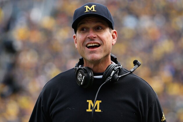 ANN ARBOR, MI - OCTOBER 17:  Head coach Jim Harbaugh of the Michigan Wolverines reacts during the college football game against the Michigan State Spartans at Michigan Stadium on October 17, 2015 in Ann Arbor, Michigan. The Spartans defeated the Wolverines 27-23.  (Photo by Christian Petersen/Getty Images)