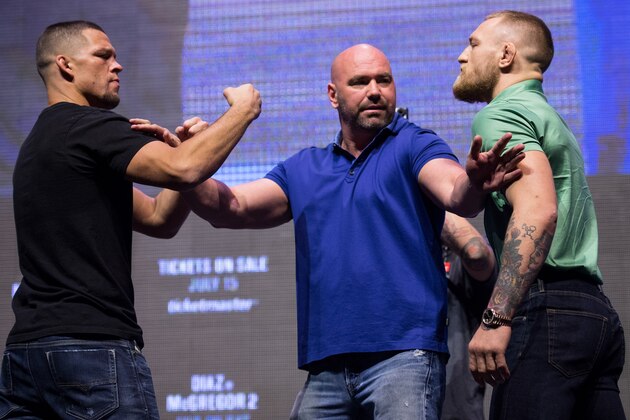 LAS VEGAS, NV - JULY 07:  (L-R) Nate Diaz and Conor McGregor face off during the UFC 202 - Press Conference at TMobile Arena on July 7, 2016 in Las Vegas, Nevada. (Photo by Brandon Magnus/Zuffa LLC/Zuffa LLC via Getty Images)