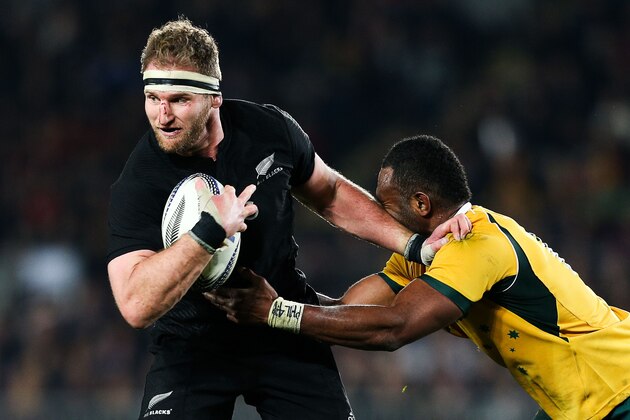 AUCKLAND, NEW ZEALAND - AUGUST 15:  Kieran Read of the All Blacks is tackled by Tevita Kuridrani of the Wallabies during The Rugby Championship, Bledisloe Cup match between the New Zealand All Blacks and the Australian Wallabies at Eden Park on August 15, 2015 in Auckland, New Zealand.  (Photo by Hagen Hopkins/Getty Images)