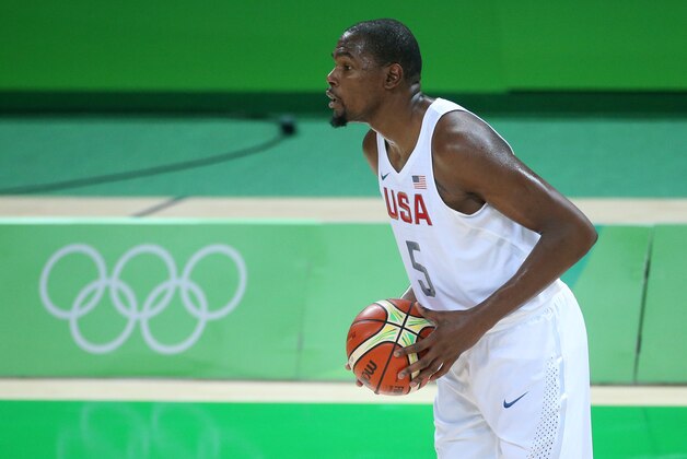 RIO DE JANEIRO, BRAZIL - AUGUST 14: Kevin Durant of USA in action during the basketball match between France and USA at Carioca Arena 1 on August 14, 2016 in Rio de Janeiro, Brazil. (Photo by Jean Catuffe/Getty Images)