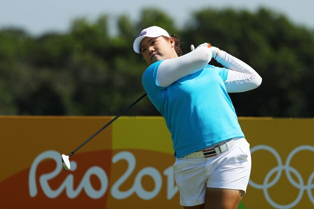 RIO DE JANEIRO, BRAZIL - AUGUST 17:  Ariya Jutanugarn of Thailand plays her shot from the third tee during the First Round of Women's Golf on Day 12 of the Rio 2016 Olympic Games at Olympic Golf Course on August 17, 2016 in Rio de Janeiro, Brazil.  (Photo by Scott Halleran/Getty Images)