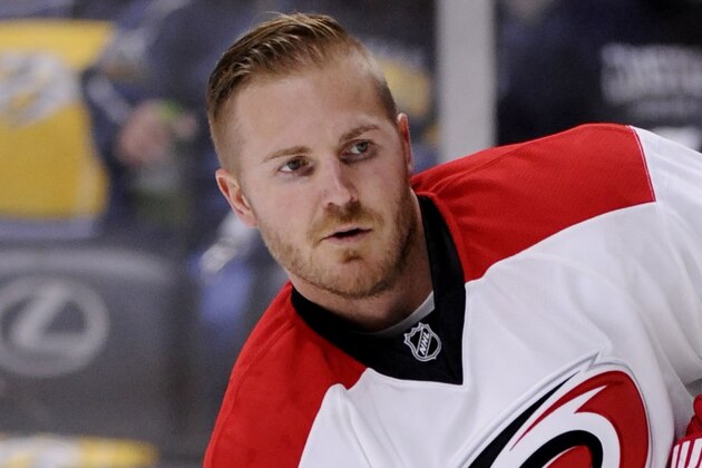 NASHVILLE, TN - OCTOBER 8: James Wisniewski #21 of the Carolina Hurricanes during warmups before facing the Nashville Predators at Bridgestone Arena on October 8, 2015 in Nashville, Tennessee.  (Photo by Sanford Myers/Getty Images)