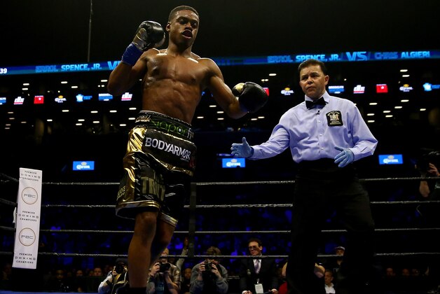 NEW YORK, NY - APRIL 16:  Errol Spence Jr. celebrates in the fourth round after he knocked down Chris Algieri during their welterwieght bout at Barclays Center on April 16, 2016 in the Brooklyn borough of New York City.Spence Jr. knocked out Algieri in the fifth round.  (Photo by Elsa/Getty Images)