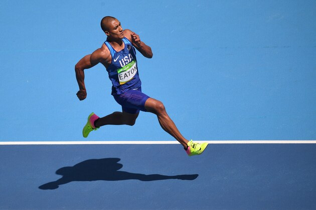 USA's Ashton Eaton competes in the Men's Decathlon Long Jump during the athletics event at the Rio 2016 Olympic Games at the Olympic Stadium in Rio de Janeiro on August 17, 2016.   / AFP / Johannes EISELE        (Photo credit should read JOHANNES EISELE/AFP/Getty Images)