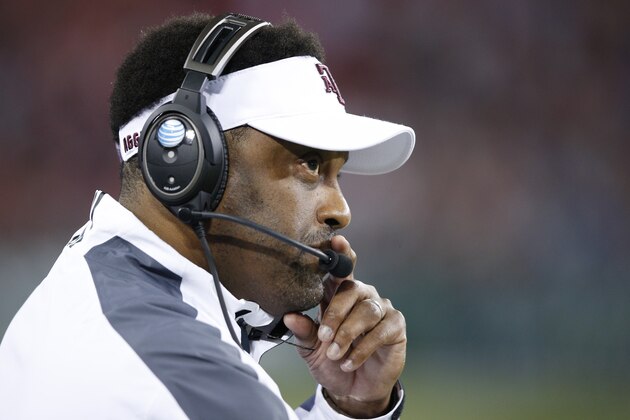 NASHVILLE, TN - DECEMBER 30: Head coach Kevin Sumlin of the Texas A&M Aggies looks on against the Louisville Cardinals during the Franklin American Mortgage Music City Bowl at Nissan Stadium on December 30, 2015 in Nashville, Tennessee. Louisville defeated Texas A&M 27-21. (Photo by Joe Robbins/Getty Images) NASHVILLE, TN - DECEMBER 30: Head coach Kevin Sumlin of the Texas A&M Aggies looks on against the Louisville Cardinals during the Franklin American Mortgage Music City Bowl at Nissan Stadium on December 30, 2015 in Nashville, Tennessee. Louisville defeated Texas A&M 27-21. (Photo by Joe Robbins/Getty Images)