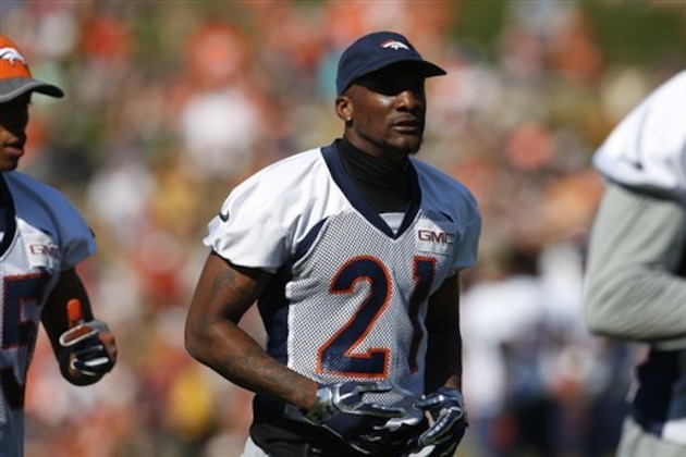 Denver Broncos cornerback Aqib Talib (21) takes part in drills during the team's NFL football training camp Tuesday, Aug. 16, 2016 in Englewood, Colo. (AP Photo/David Zalubowski)