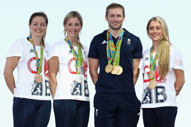 RIO DE JANEIRO, BRAZIL - AUGUST 17:  (l to r) Team GB cyclists Katy Marchant, Rebecca James, Jason Kenny and Laura Trott pose with their gold medals at Adidas House on August 17, 2016 in Rio de Janeiro, Brazil.  (Photo by Bryn Lennon/Getty Images)