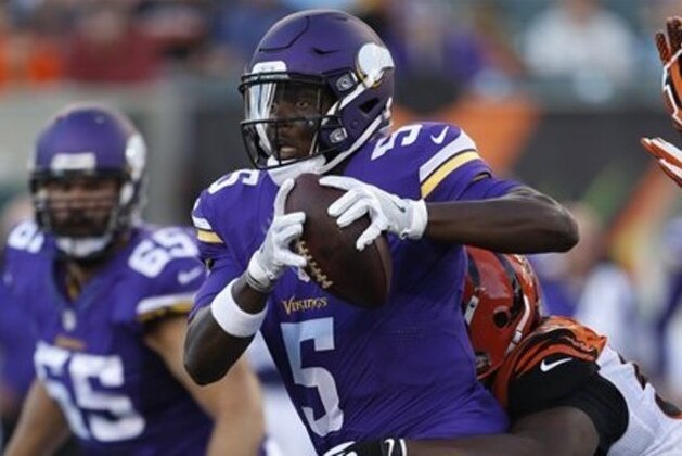 Minnesota Vikings quarterback Teddy Bridgewater (5) is sacked by Cincinnati Bengals defensive tackle Geno Atkins in the first half of an NFL preseason football game, Friday, Aug. 12, 2016, in Cincinnati. (AP Photo/Frank Victores) Minnesota Vikings quarterback Teddy Bridgewater (5) is sacked by Cincinnati Bengals defensive tackle Geno Atkins in the first half of an NFL preseason football game, Friday, Aug. 12, 2016, in Cincinnati. (AP Photo/Frank Victores)