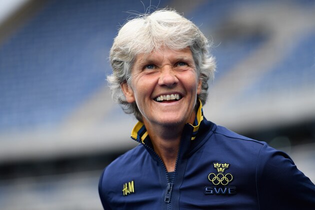 RIO DE JANEIRO, BRAZIL - AUGUST 03:  Pia Sundhage of Sweden looks on during the Women's Group E first round match between Sweden and South Africa during the Rio 2016 Olympic Games at the Olympic Stadium on August 3, 2016 in Rio de Janeiro, Brazil.  (Photo by Shaun Botterill/Getty Images)