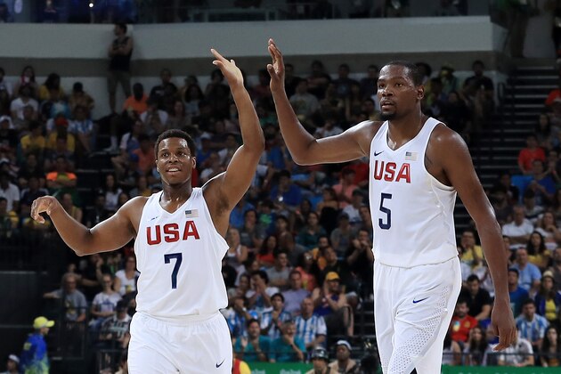 RIO DE JANEIRO, BRAZIL - AUGUST 17:  Kyle Lowry #7 and Kevin Durant #5 of United States react in the second half while taking on Argentina during the Men's Quarterfinal match on Day 12 of the Rio 2016 Olympic Games at Carioca Arena 1 on August 17, 2016 in Rio de Janeiro, Brazil.  (Photo by Sam Greenwood/Getty Images)