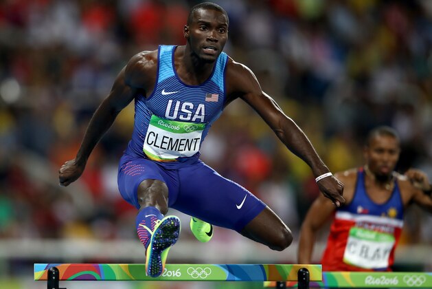 RIO DE JANEIRO, BRAZIL - AUGUST 16:  Kerron Clement of the United States competes during the Men's 400m Hurdles semifinals on Day 11 of the Rio 2016 Olympic Games at the Olympic Stadium on August 16, 2016 in Rio de Janeiro, Brazil.  (Photo by Cameron Spencer/Getty Images)